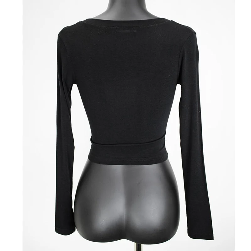 Black Long Sleeve Top Sexy Korean T Shirt Women O Neck Slim Thin Short T-shirts Woman Tee Shirt Femme 2022 Spring Autumn Tshirt