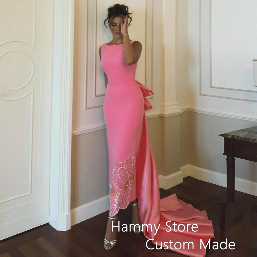 Peach Pink Evening Dress Customized Scoop Sleeveless Sequined Butterfly Ankle Length Sheath Cocktail Party Gown Saudi Arab