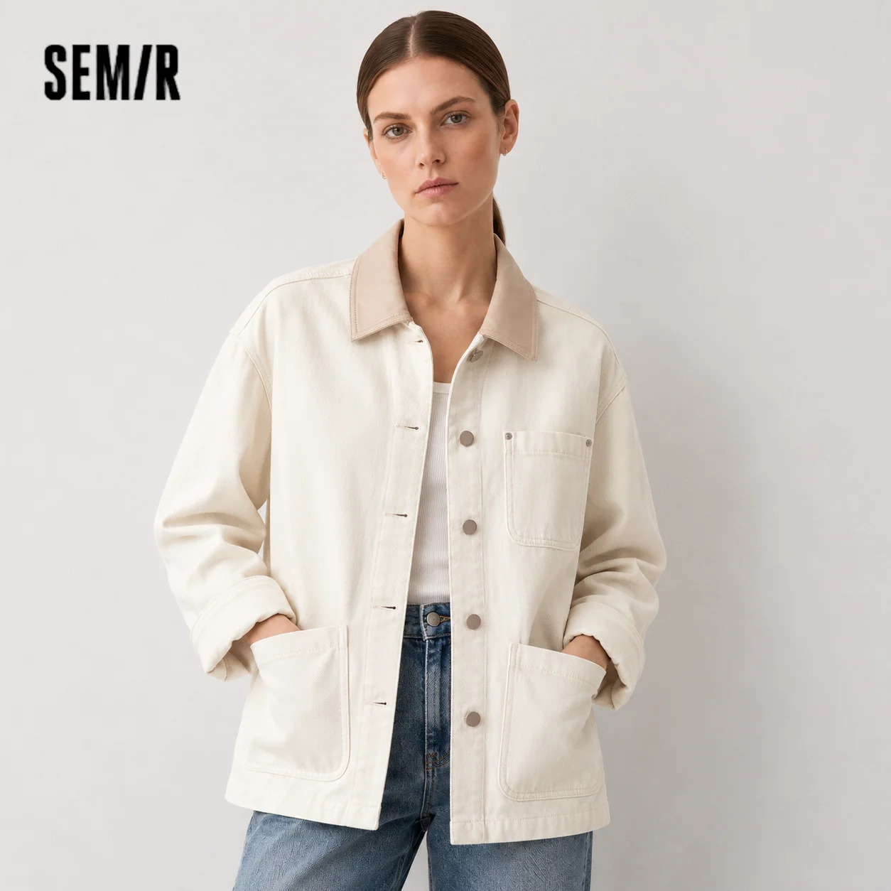 Semir Women Jacket Denim Mid Length Loose Dropped Shoulder Lapel Retro Street Style Autumn Outerwear Daily Wear 2026