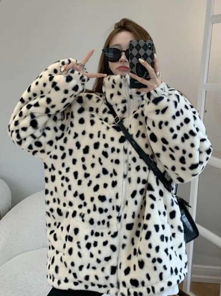 Faux Fur Leopard Pattern Fur Coat For Women Loose Thickened Padded Coat Chic Winter Faux Rabbit Fur Warm Trendy Coat Top