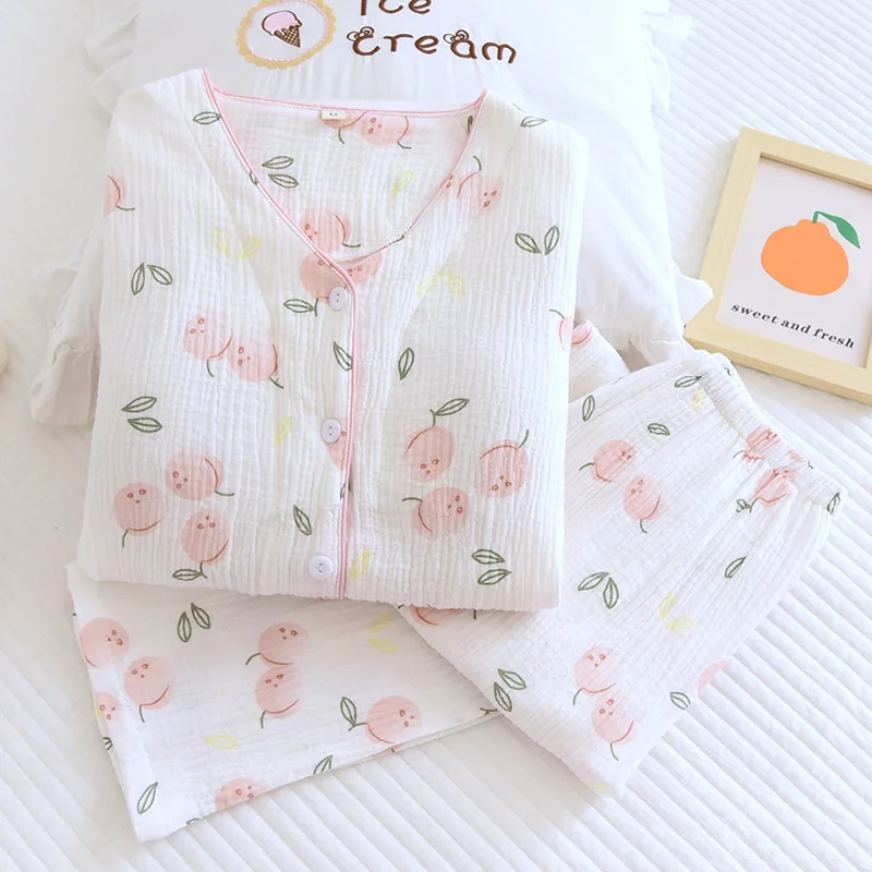 Long Sleeve Sleepwear Pijamas Suit Casual Sweet Cotton Pajamas Two Piece Set Print Peach New Female Home Wear with Chest Pad
