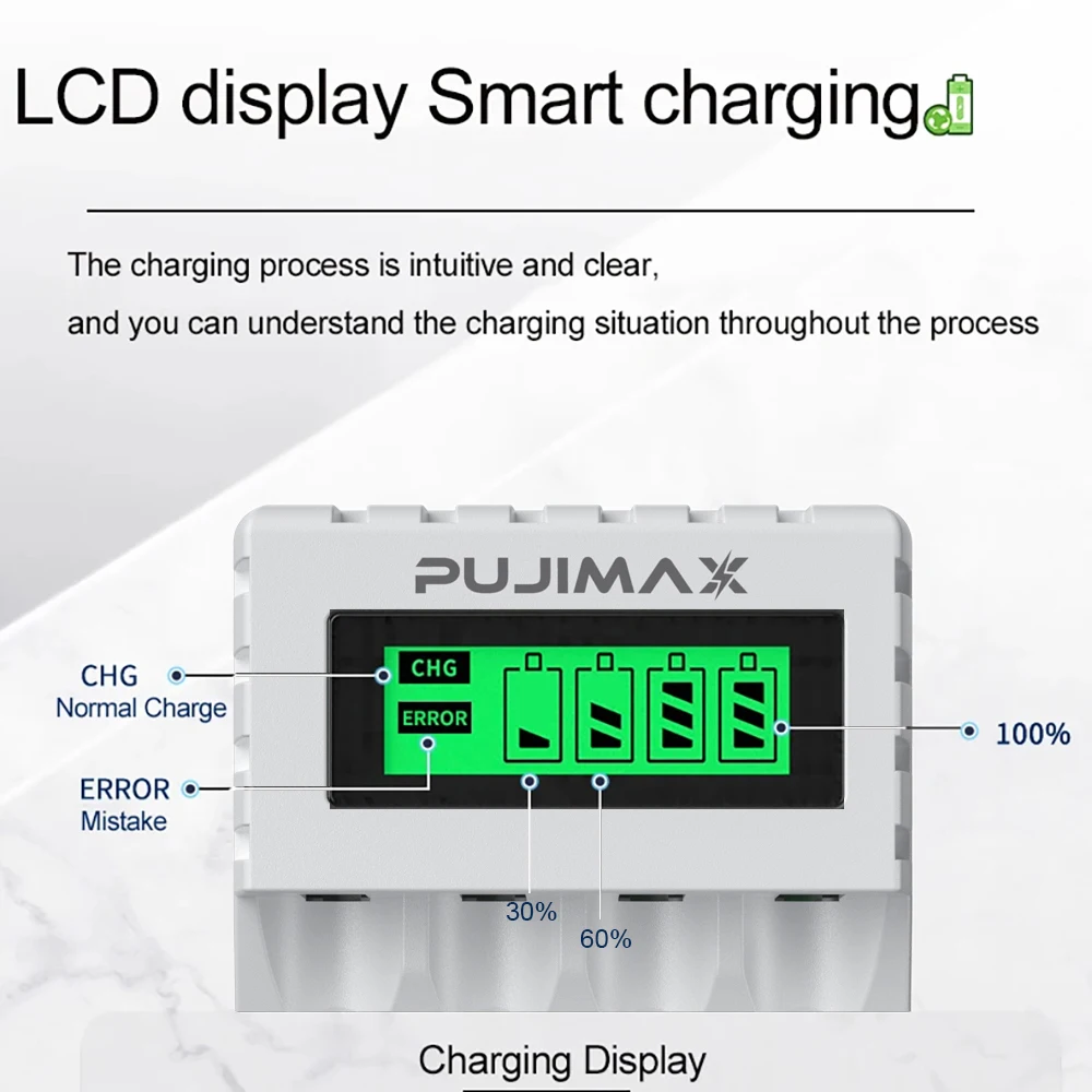 Ładowarka do akumulatorów PUJIMAX AA/AAA z wyświetlaczem LCD, przenośna ładowarka z kablem typu C do akumulatorów Ni-MH 1,2 V AA/AAA — zdjęcie produktu 3