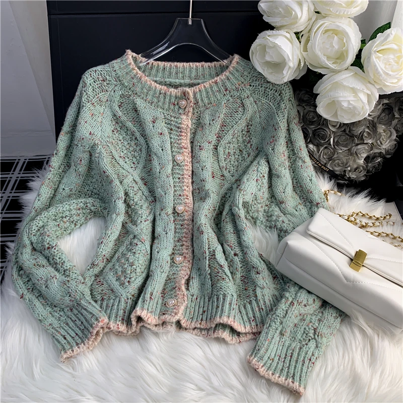 

2023 New Autumn Colorful Dot Twist Knitted Cardigan Women Korean Fashion O-neck Long Sleeve Diamonds Sweater Mujer Knitwear Tops