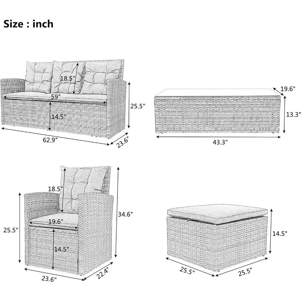 Gray Outdoor Sofa 5-Piece Wicker Outdoor Patio Furniture Set Storage Bench and Coffee Table for Backyard Porch Poolside, Gray