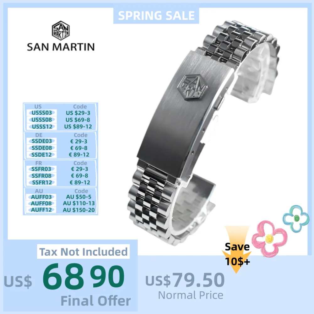 

San Martin Steel Jubilee Bracelet For 20mm Watch Fly Adjust Fold-Over Clasp Solid Curved End Links For SN0008 SN0128 Luxury