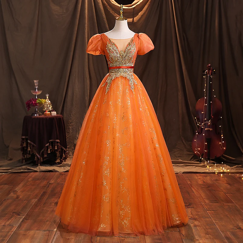 Orange Evening Party Dress Sequins Appliques Luxury Women Floor Length Prom Gowns Vestido Formal robes de soirée