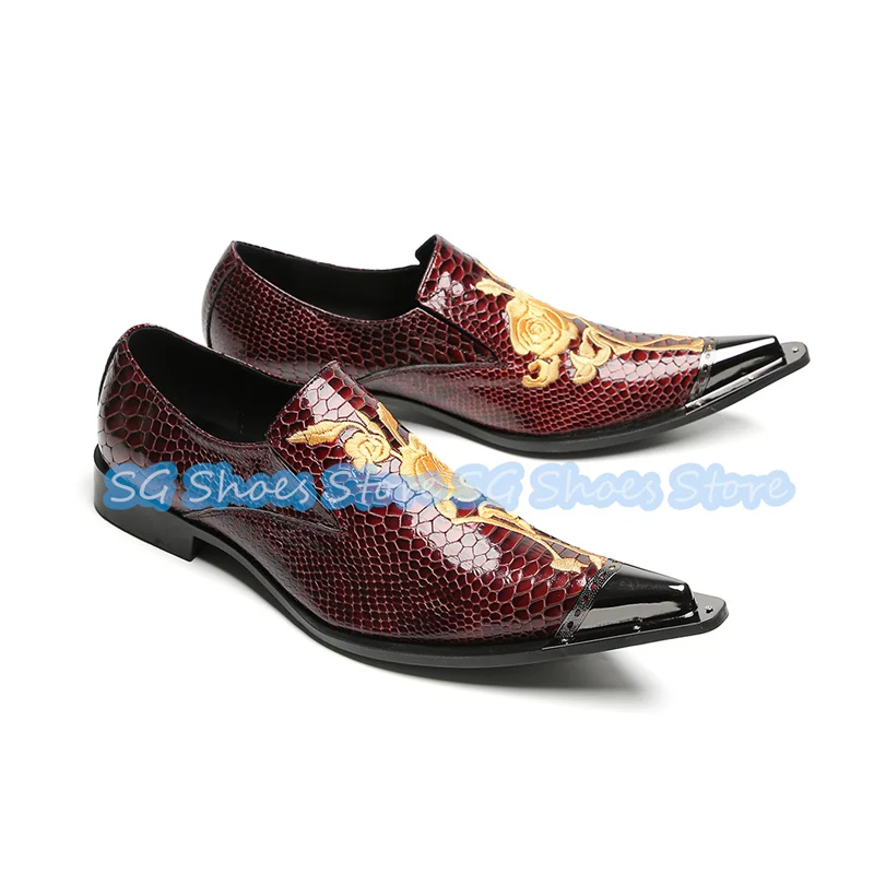 

Handmade Genuine Leather Golden Rose Embroidery Loafer for Men Formal Business Shoes Male Metal Pointed Toe Chunky Heel Oxfords