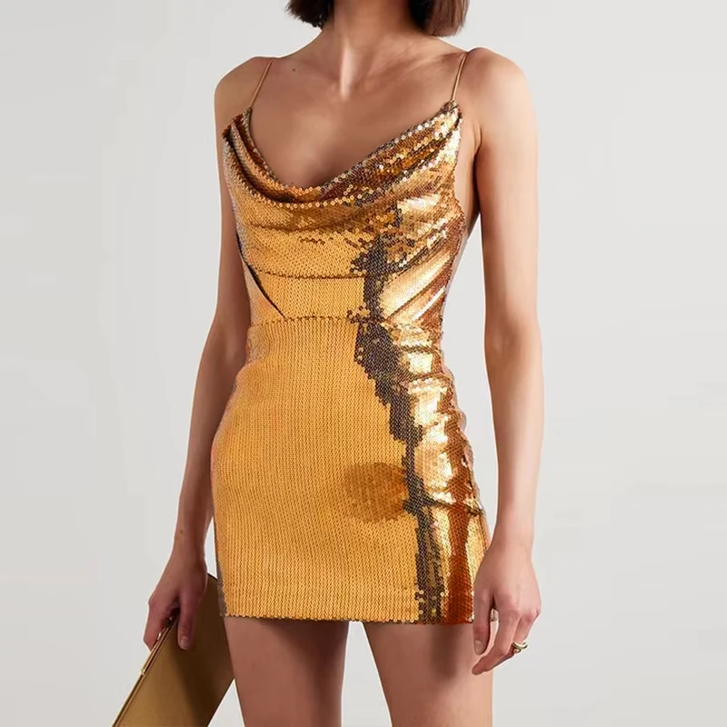 Elegantes schulterfreies ärmelloses Hosenträgerkleid, modisches Gold, glänzende Pailletten, figurbetontes Partykleid, Dame, sexy, rückenfrei, schlankes Clubkleid