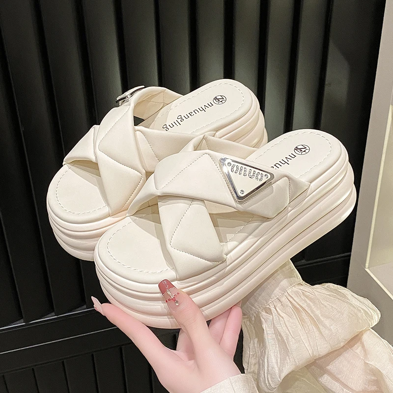 7.5CM Heels Chunky Slippers For Women Open Toe High Platform Leather Sandals Woman 2024 New Summer Thick Bottom Beach Flip Flops