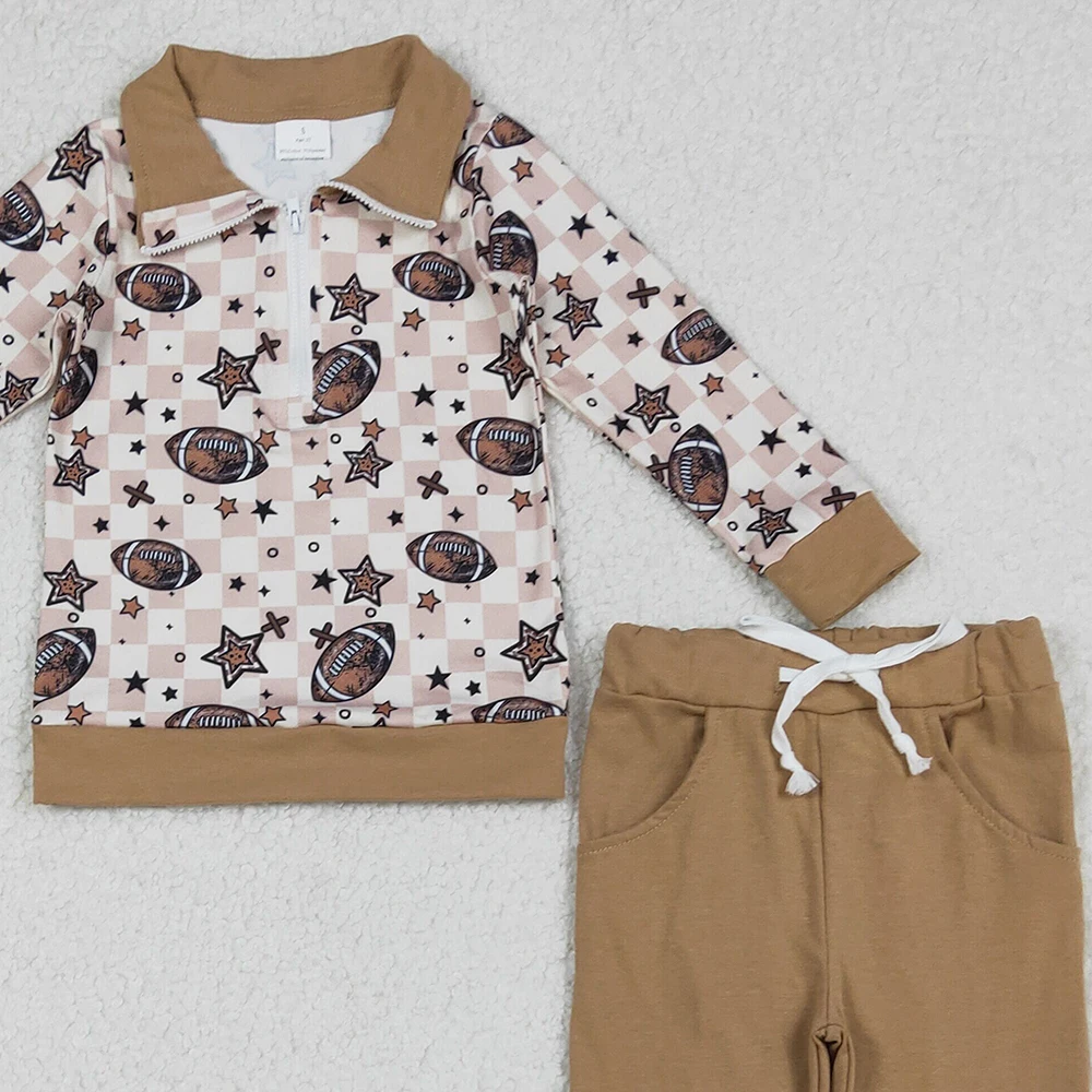 9.16 الأطفال بنجوم الرجبي البني منقوشة انغلق كم طويل السراويل الطويلة مجموعة فريق الزي الرياضي للأطفال