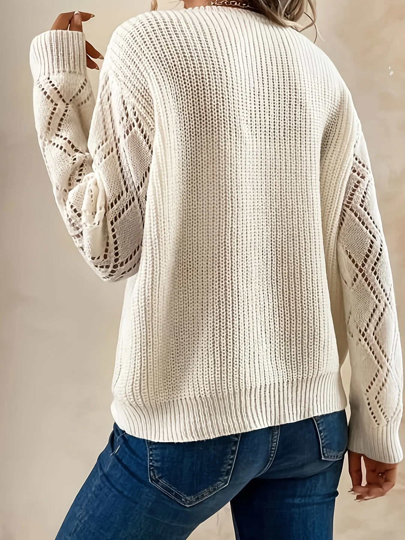 Solid V Neck Knitted Sweater, Hollow Out Long Sleeve Casual Sweater For Fall  Winter Women\'s Clothing