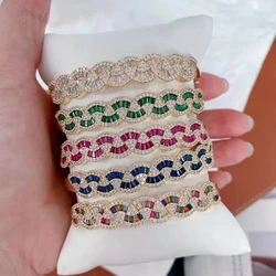 Popular Fanshaped Micro CZ Pave Jewelry Cuff Bangle Rainbow Zircon Color Open Size Bracelet for Women