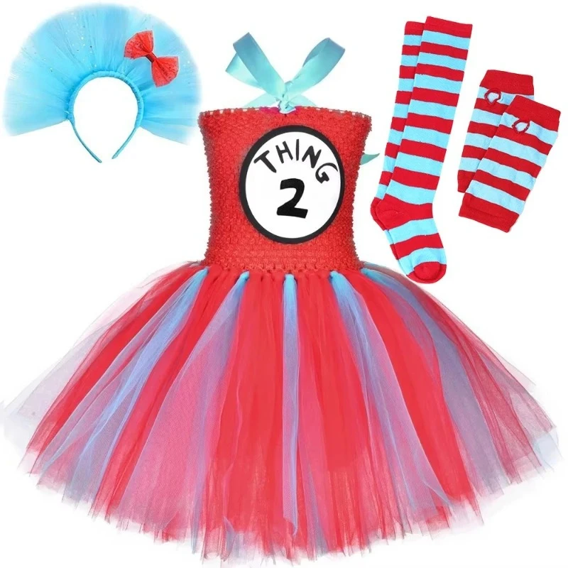 Thing 1 and Thing 2 Costumes Kids Sky Blue Red Tulle Tutu Dress Up Clothes Toddler Girls Halloween Birthday Party Princess Dress