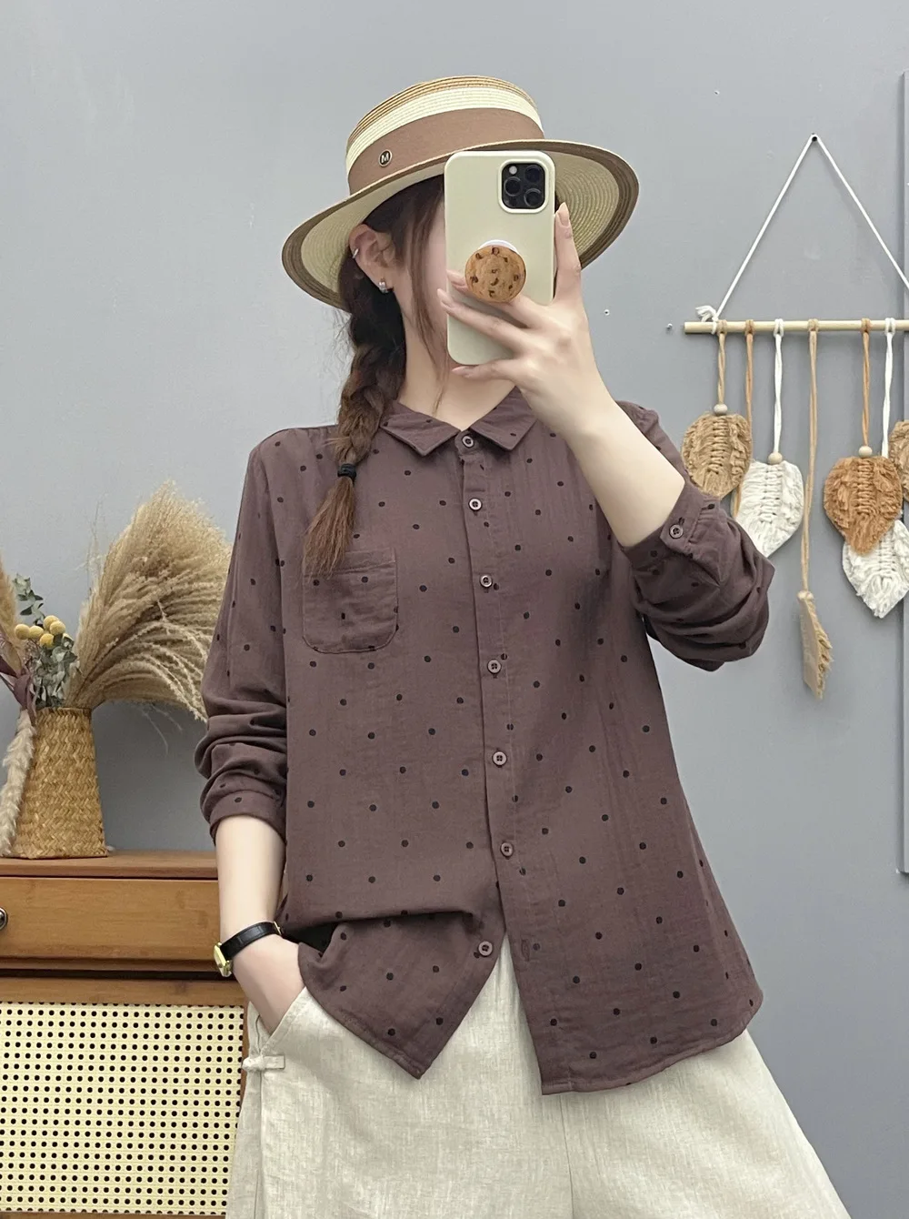Autumn Women Double-layer Cotton Yarn Shirts Full Sleeve Green Coffee Polka Dot Casual Soft Blouse Office Ladies Tops