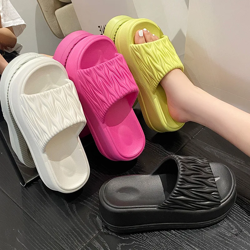 Thick Soled Slippers Women 2024 New Outdoor Wear Summer Height Increasing 7cm One Line Slipper Anti Slip Pleated Beach Slippers