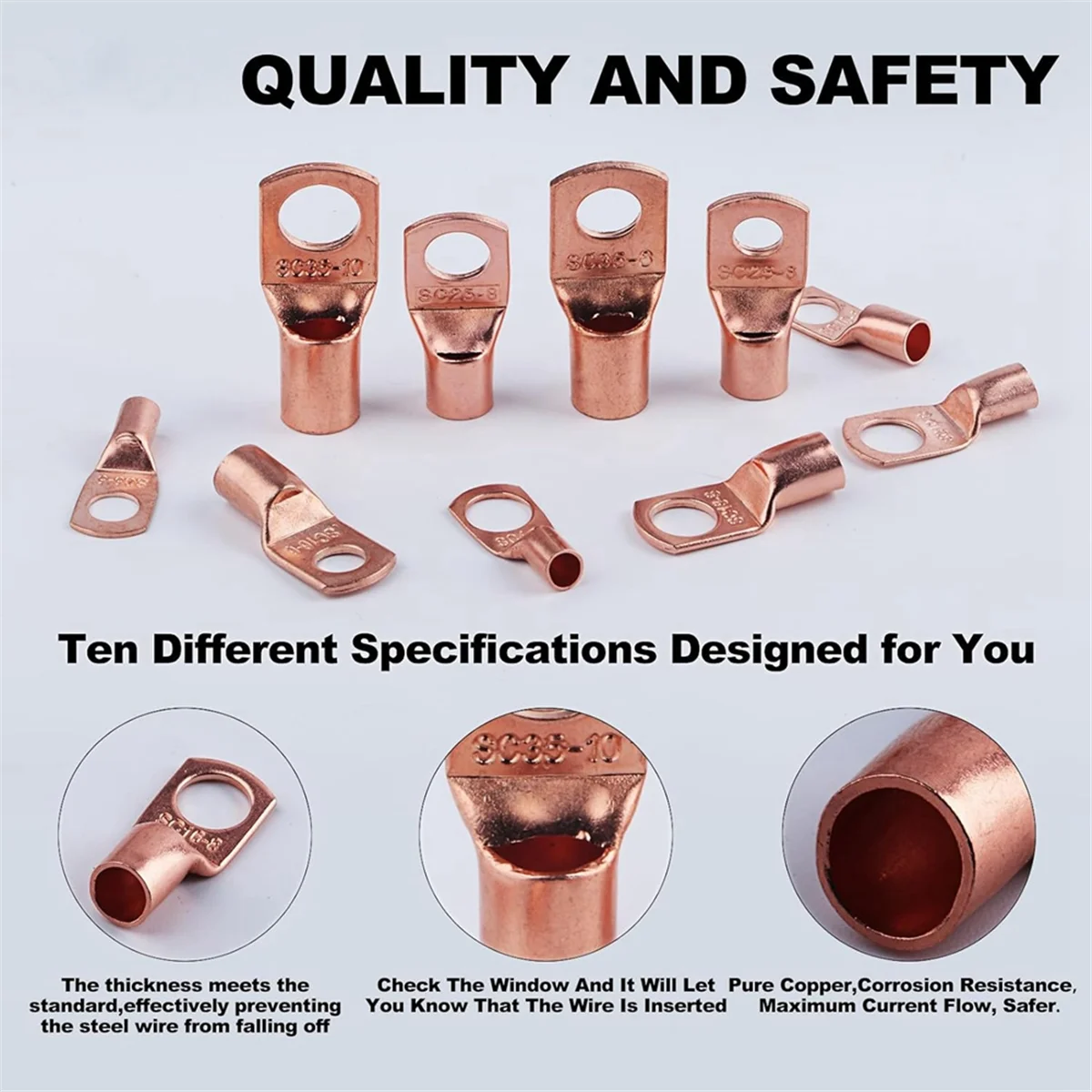 Cabo de bateria Termina Conectores do fio, Cobre Lugs, AWG 2, 4, 6, 8, 10, 12 Gauge, Conectores Terminal da bateria, 150pcs