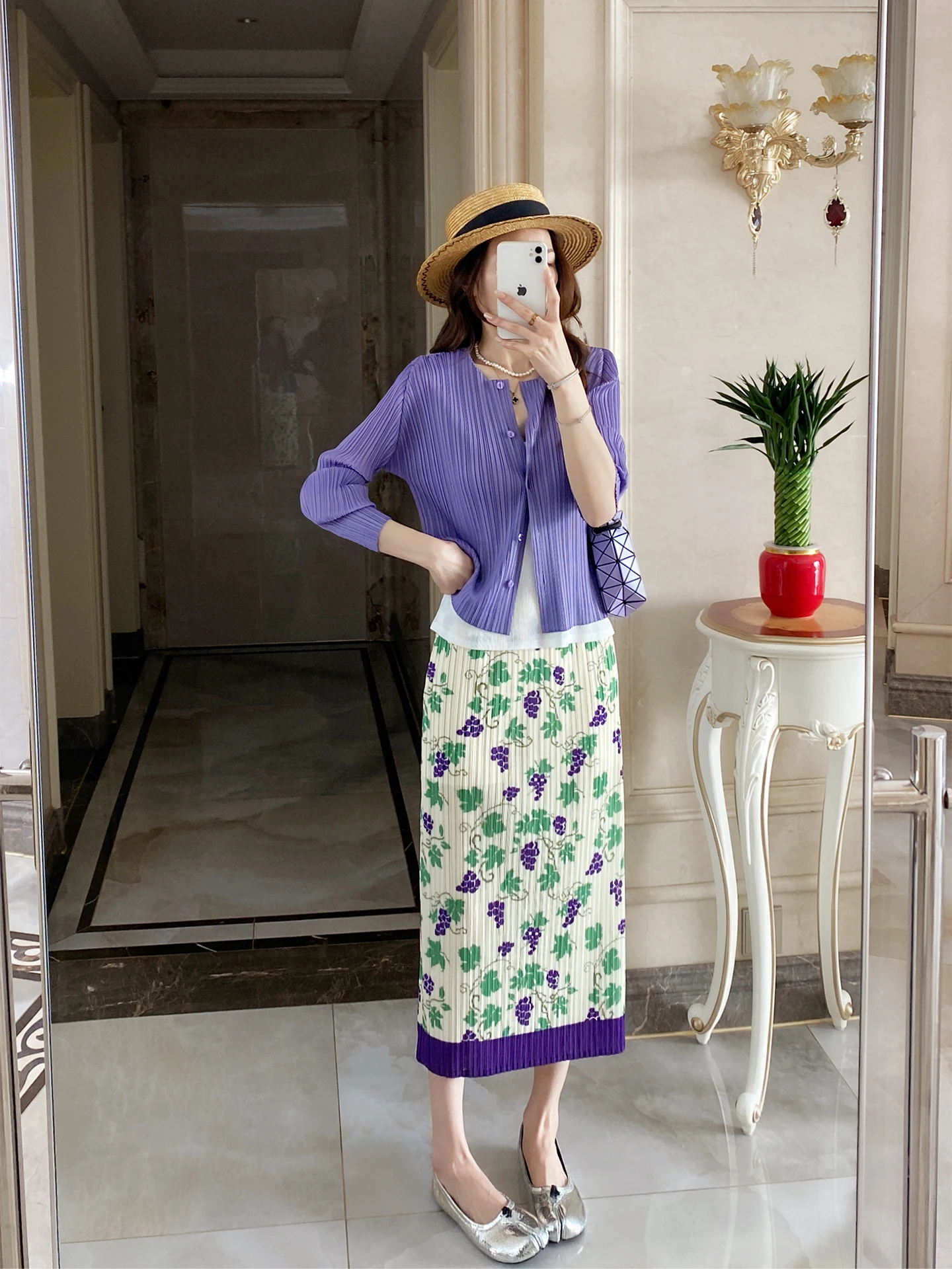 

Purple Folded Print f-length Skirt Women's Set Summer Vaion Sle Tee-Residential Sle Slimming Two-piece Set