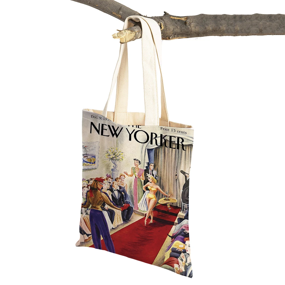 The New Yorker City Magazine Women Shopping Bags Double Print Casual Shopper Bag Lady Linen Tote Eco Leaf Flower Handbag