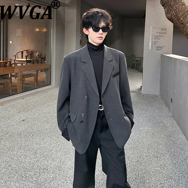 WVGA Spring Autumn New Men Tide Padded Shoulder Long Sleeve Suit Coat Niche Chic Casual Patchwork Turn-Down Collar Blazer W15925