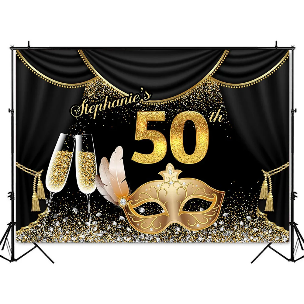 Masquerade Dress up Party Backdrop Black and Gold Curtain Photo Booth Background Studio Masks Champagne Diamond Photocall Decor