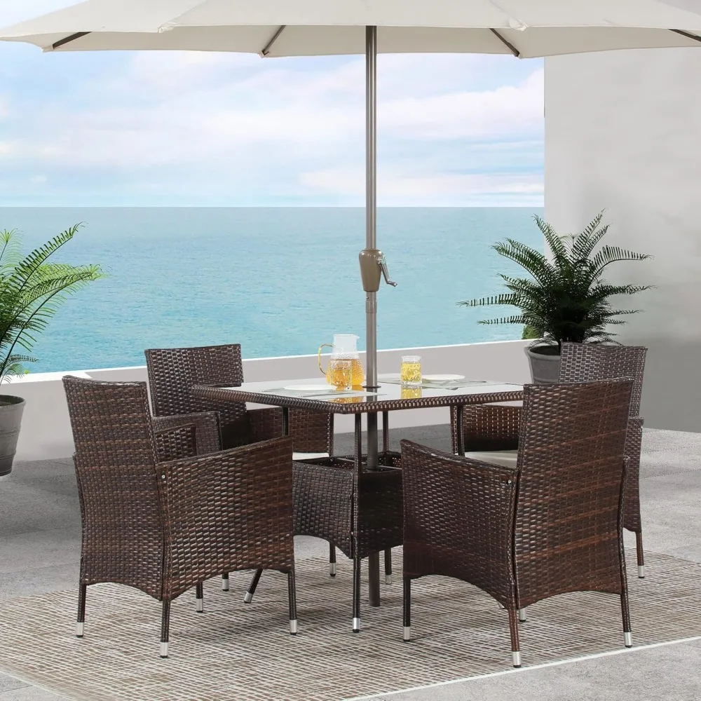 

5-Piece Wicker Outdoor Table and Chairs, Patio Dining Set w/Square Glass Tabletop and Umbrella Hole, Patio Table and Chairs Set