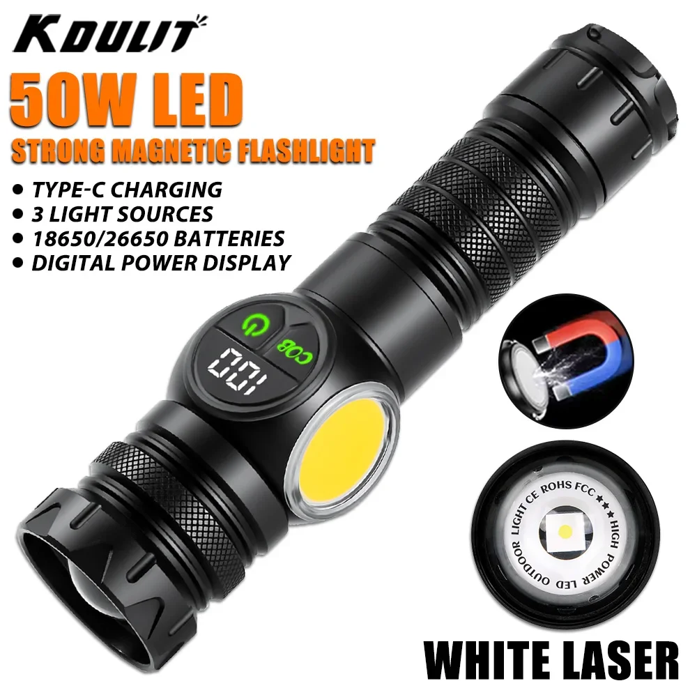 

50W High Power Led Flashlight Type-c Rechargeable Tactical Torch with Tail Magnet Long Range Spotlight Camping Emergency Lantern