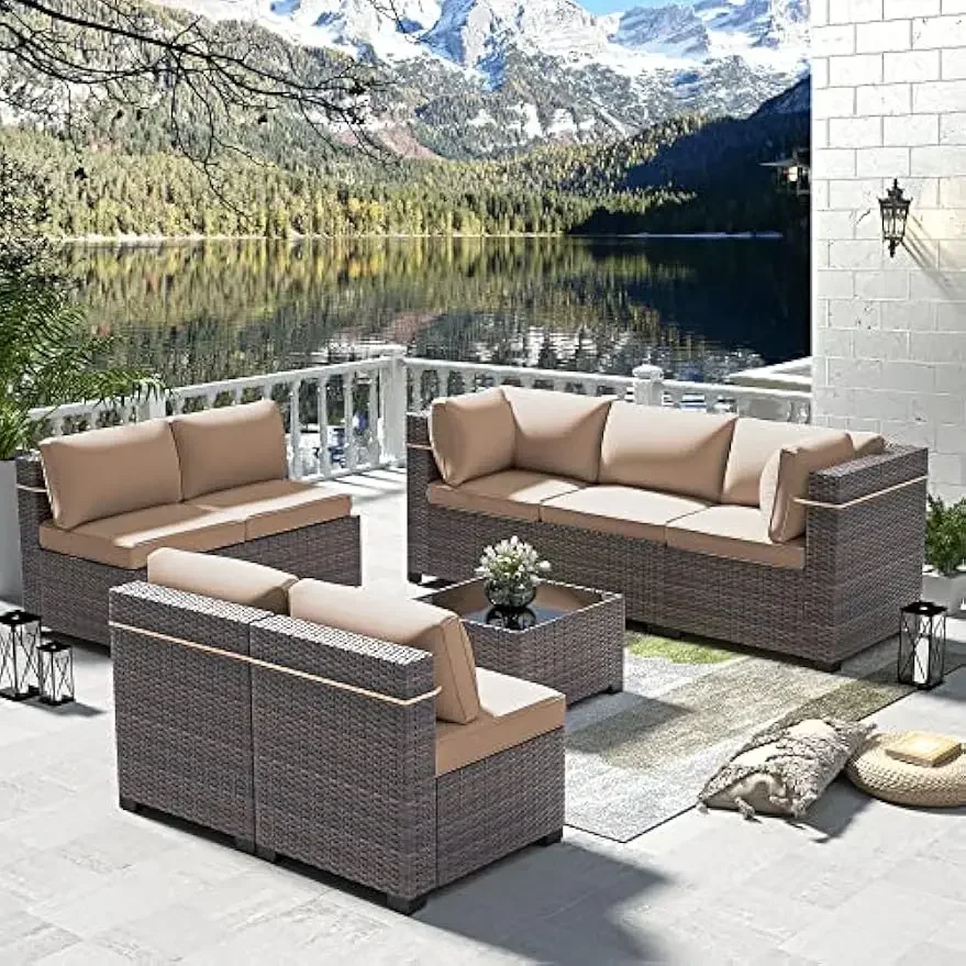 Patio Furniture Outdoor Sectional Wicker Furniture All-Weather PE Rattan Patio Conversation Sets w/Replaceable Khaki Waterproof