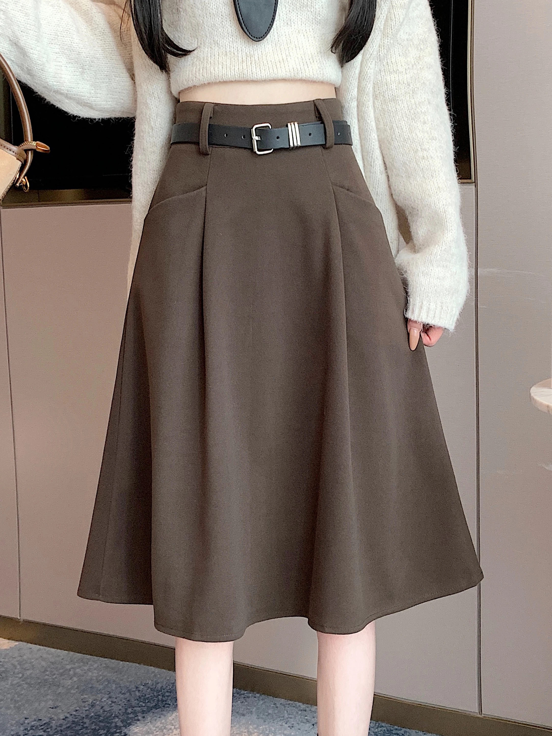

High Waist A-Line Skirt Women's Woolen Autumn Winter New Sle Slimming Pleated Midi Skirt Korean Sle Commute Skirt