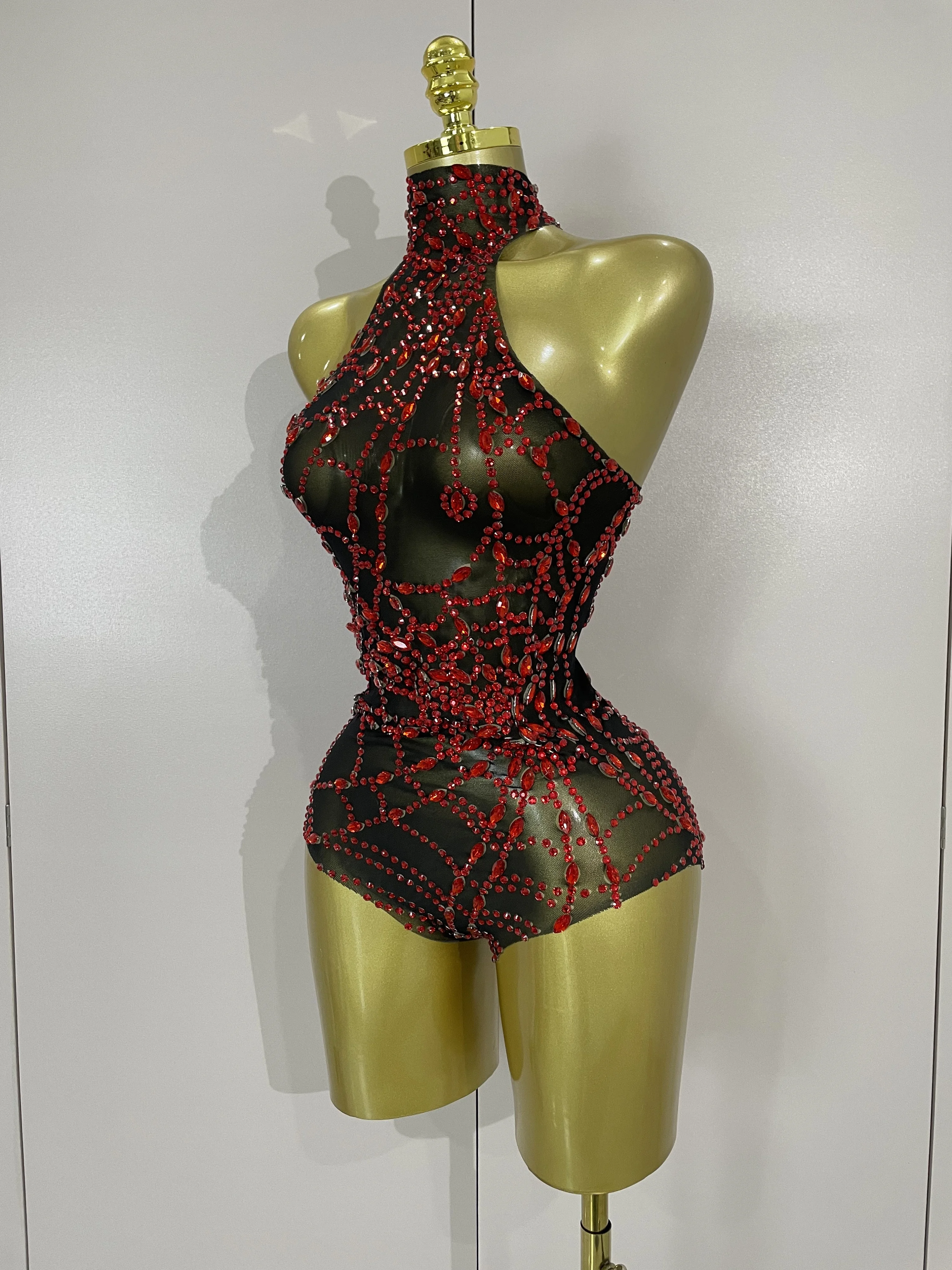 STOCK New Sexy Sparkly Diamonds Mesh Stretch Bodysuits Women Evening Nightclub Bar Party Show Gogo Dancer Clothing Stage Costume