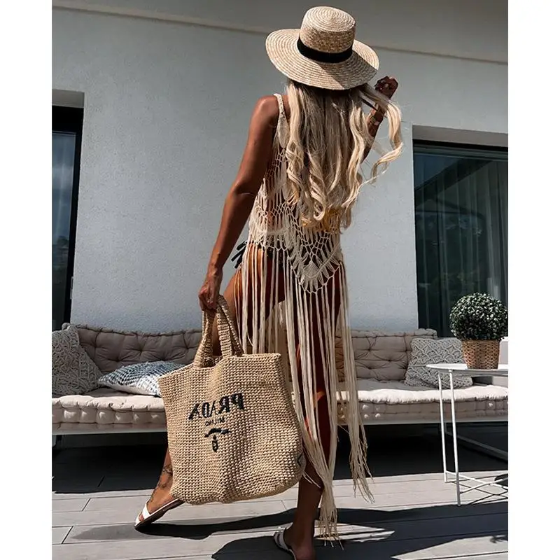 2024 Beach Cover Ups for Swimwear Women Sexy Hand Hook Hollow Out Sunscreen Shirt with Long Tassel Beach Cover