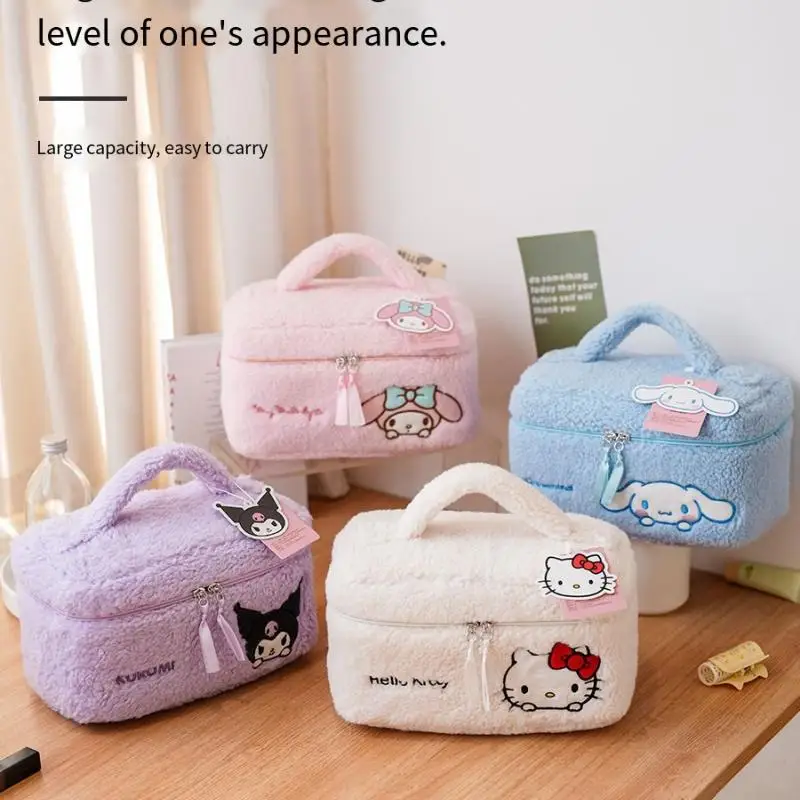 

Sanrio милая плюшевая косметичка ручной работы с вышивкой Cinnamoroll, модная мультяшная большая вместительная настольная дорожная косметичка для хранения
