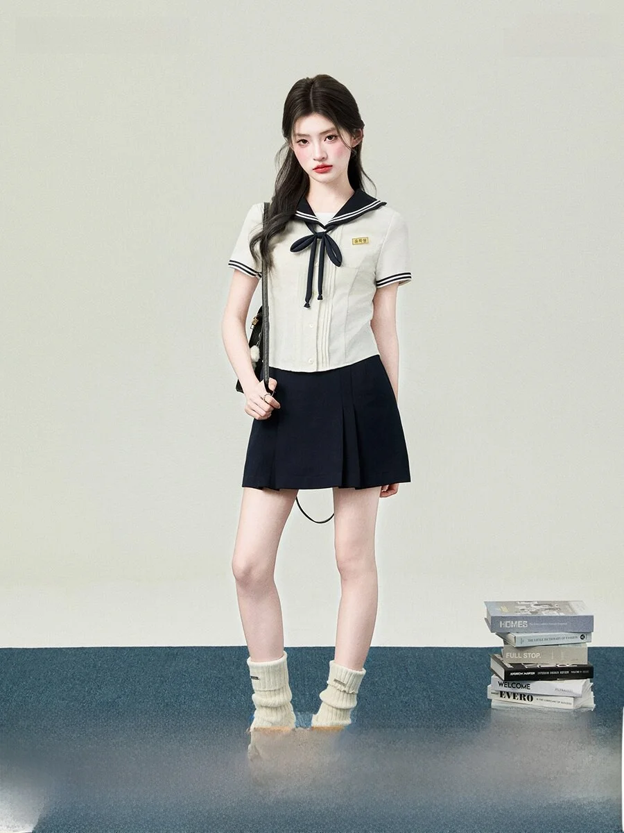 

Sweet Sle College orm irt Student aduation Season Set Breathable ort Sve Navy Collar Top Korean Made Women's S...