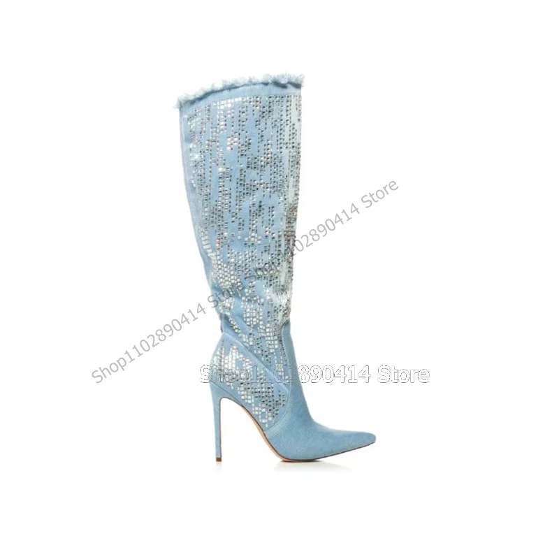 

Blue Denim Crystal Decor Pointed Toe Boots Knee High Slip On Women Shoes Thin High Heels Novel Fashion 2023 Zapatos Para Mujere