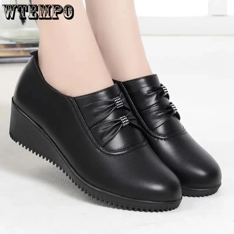 Black Soft Leather Shoes Women Round Toe Single Wedge Heel Increase Non-slip Side Zipper Simple Casual Commuting New Fashion