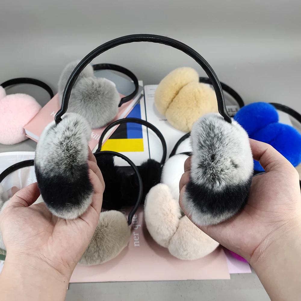 New Elastic Natural Rex Rabbit Fur Women Earmuffs Lady Winter Warm Rex Rabbit Fur Ear Muffs Russian Hand Plush Real Fur Earflap