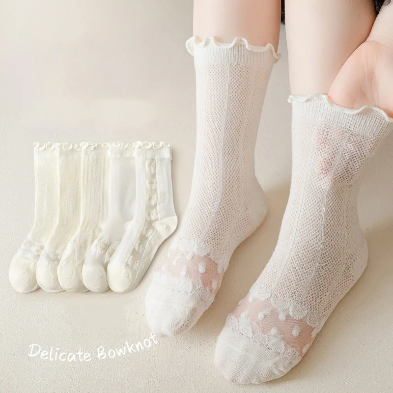 5 pairs of girls\' thin white long socks Summer children\'s tall tube wooden ear lace Princess calf girl mesh breathable