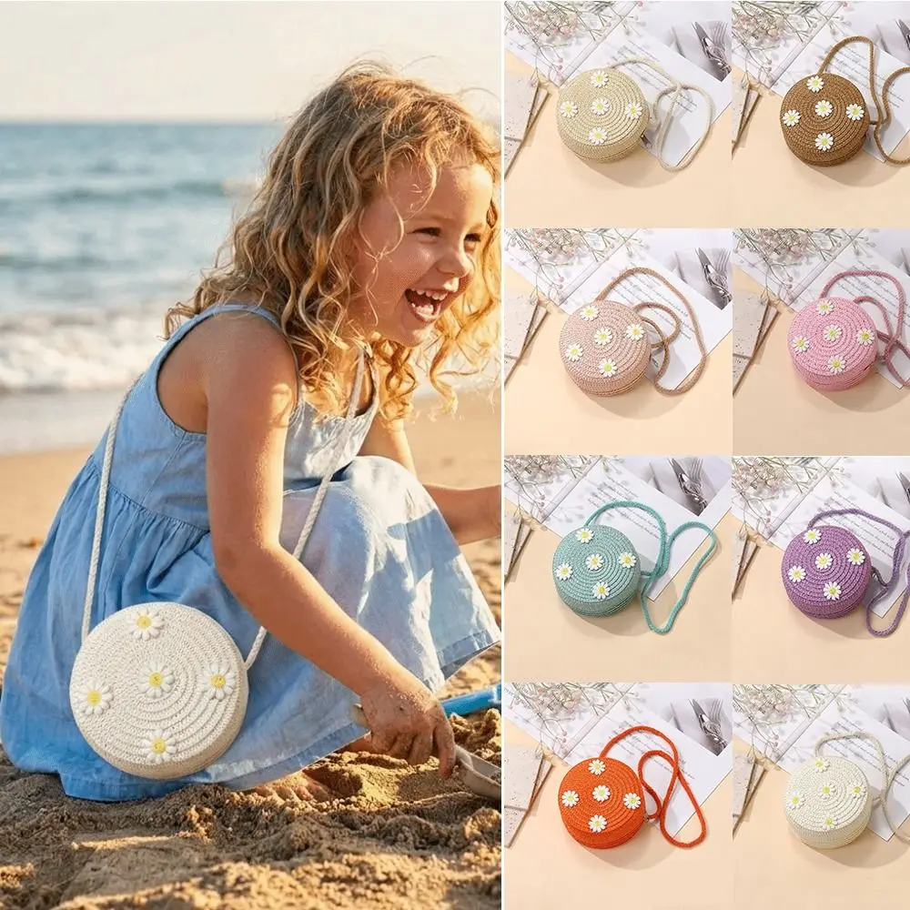 Fashion Small Daisy Kids Straw Bag Round Shape Handmade Shoulder Bag Woven Handbag for Children Girls