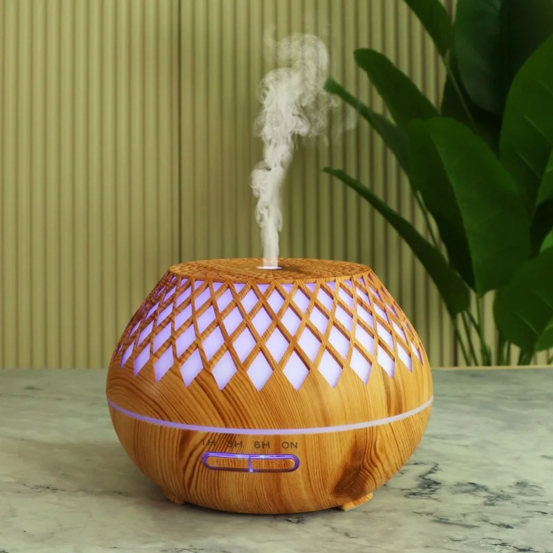 500ml Essential Oil Diffuser Home Large Room Wood Cool Mist Humidifier 7 Color Lights Heavy Fog Rhombus Hallowed Out