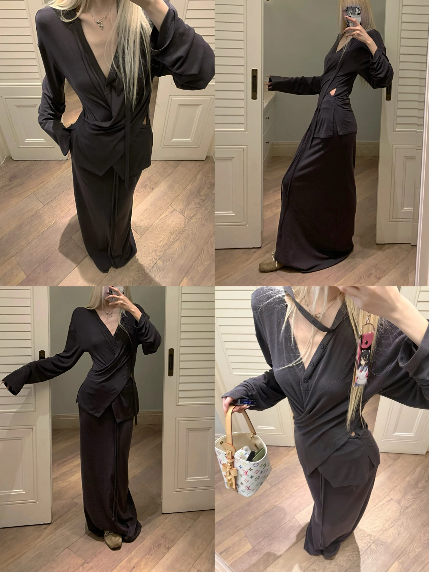 

Chilly Muse Asymmetrical Long Sleeve Top And Skirt Set Loose Relaxing Cool Fashion Ensemble for Young Women V Neck Two Piece Set