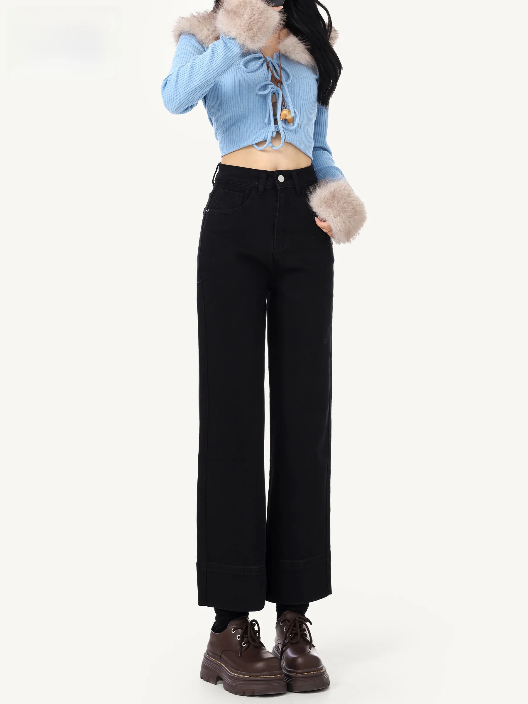 

Женские джинсы с высокой талией и прямыми штанинами, осенняя новинка, утягивающие, с эффектом дымчатого денима, с девятью карманами, повседневный стиль