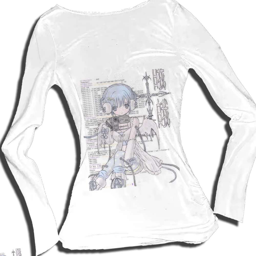 여성용 흰색 티셔츠, 세련된 카미세타스 의류, 레트로 섹시 Y2K 티셔츠 탑, 새로운 스타일 긴팔 프린트 티셔츠