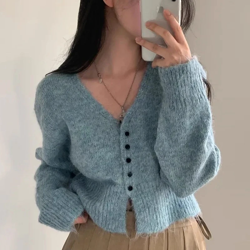 

Chic Autumn New Vintage Soft Cozy V-ne Long Sve Camere Knitted Sweater Coat Women's Faion Commute Sle Korean Version