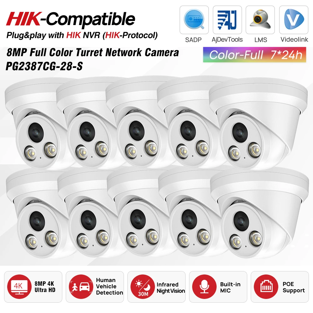 

10 шт. совместимых с Hikvision 4K 8MP PoE полноцветных IP-камер с встроенным микрофоном для видеонаблюдения, Plug&Play, совместимые с HIK NVR