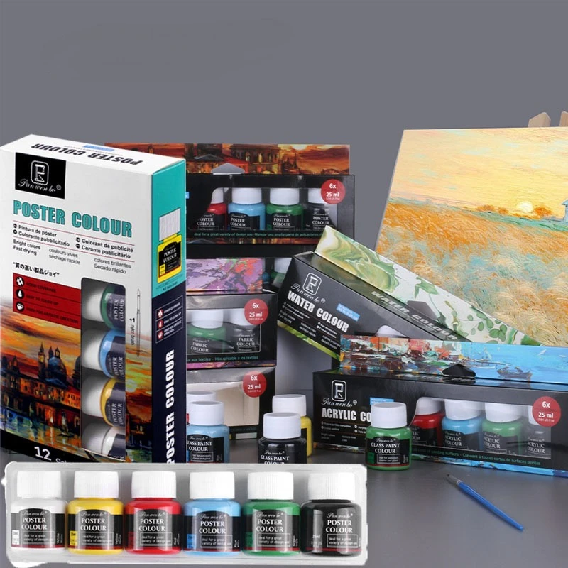 

6/12-цветный набор акриловых пигментов, 25 мл, стеклянная, текстильная, рекламная гуашь, акварельная масляная краска