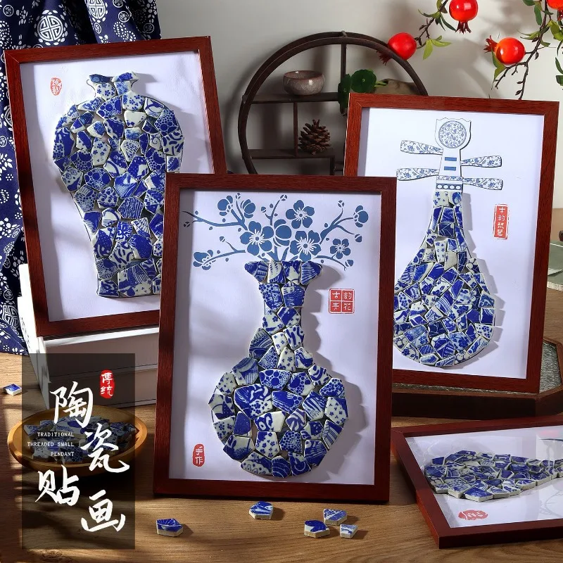 

Handmade DIY Ceramic Stickers Jingdezhen Blue White Porcelain Fragments Vases Collages Photo Frames Home Decor Holiday Gifts
