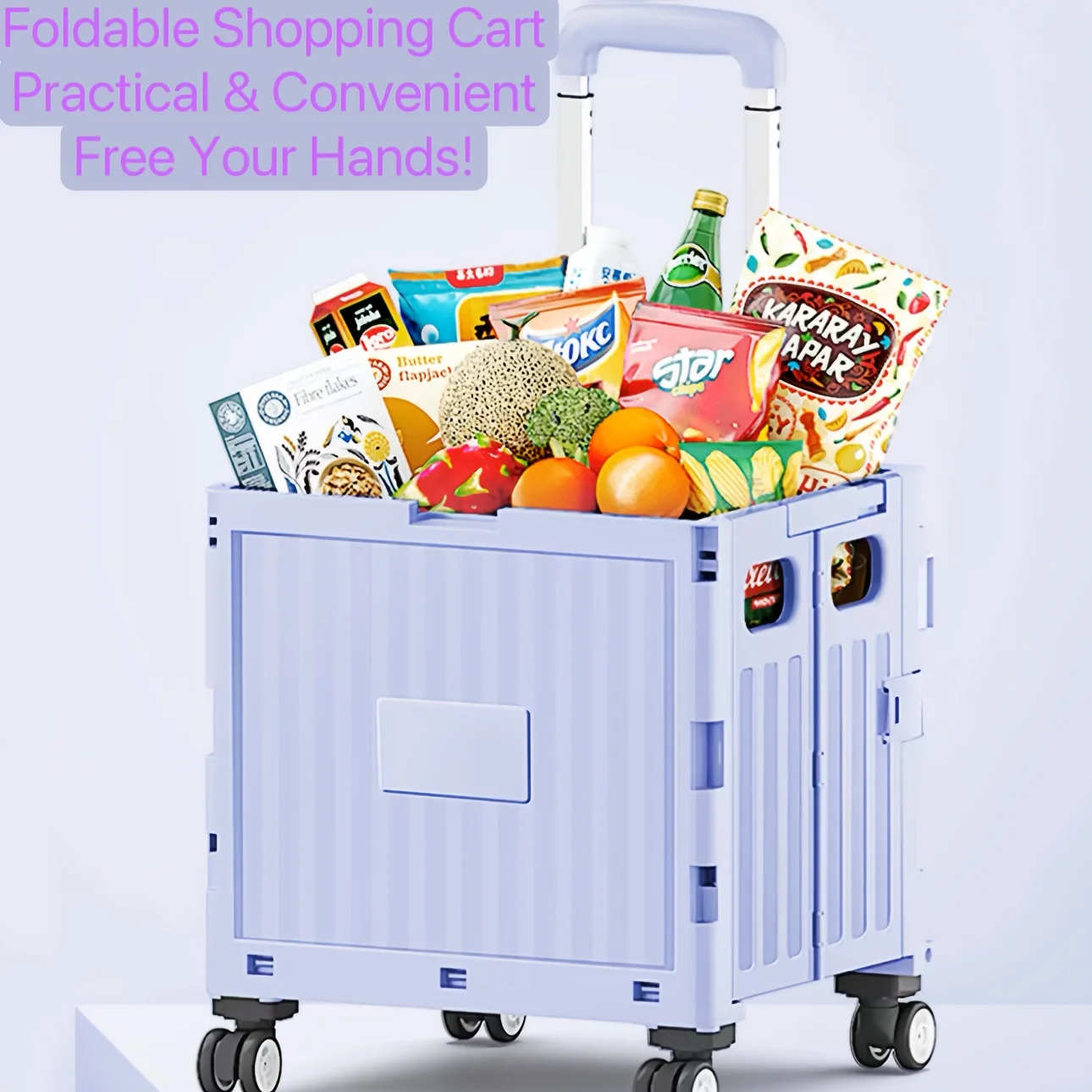 Heavy-Duty Foldable Utility Cart with 360° Swivel Wheels, Collapsible Telescoping Handle, Light Purple Plastic Rolling Crate