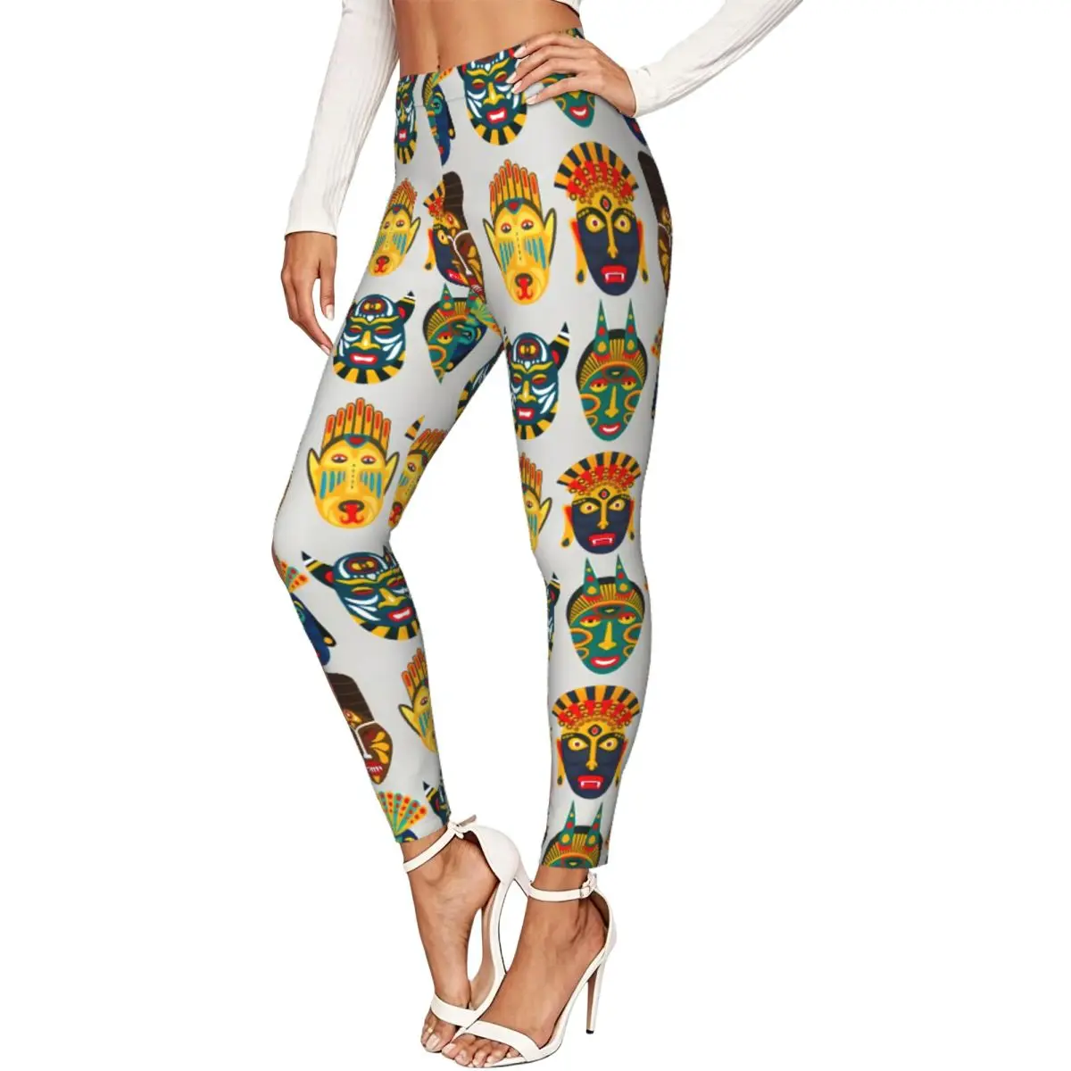 Ethnic Masks African Tribal Print Women Leggings High Waisted Stretch Tights Workout Running Pants