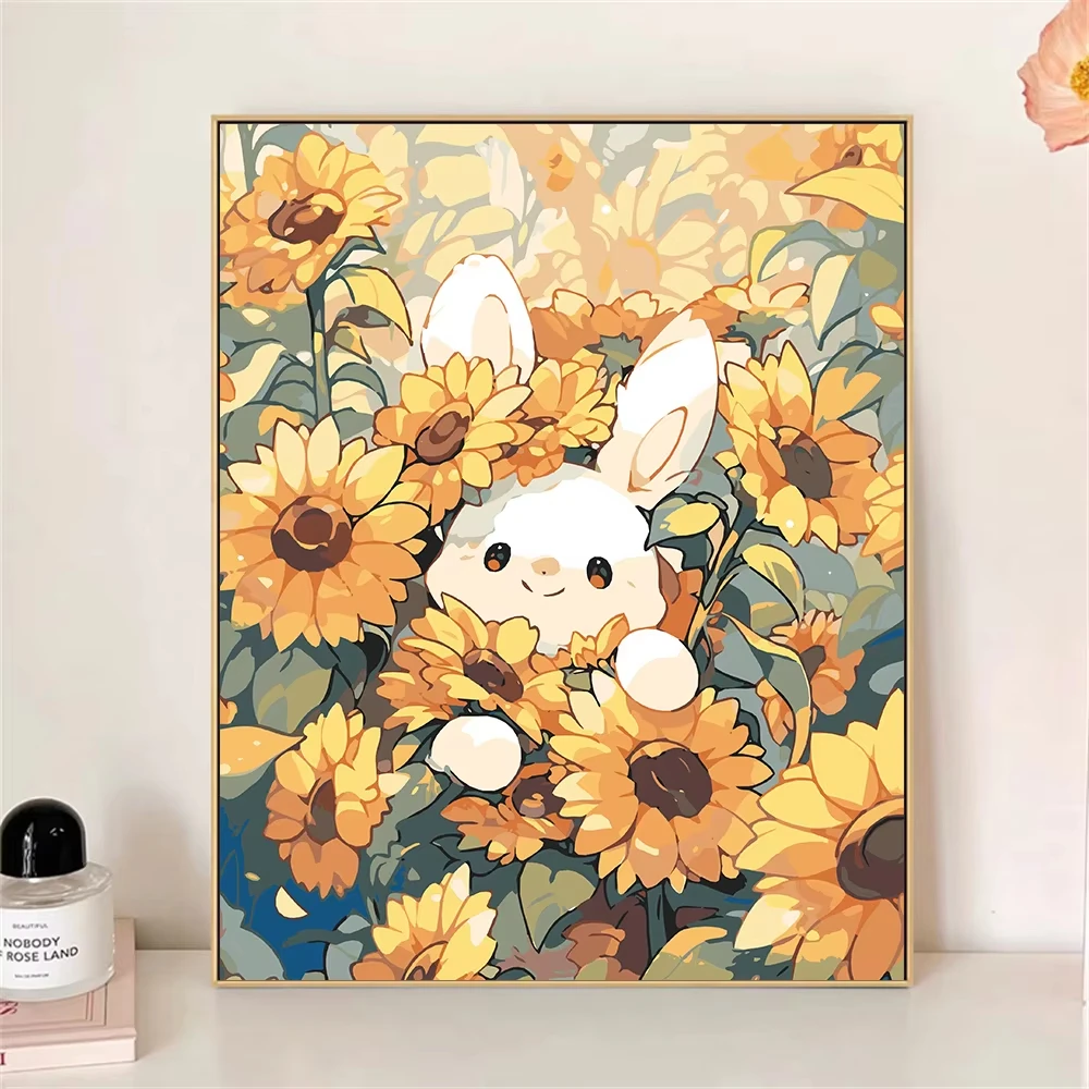 

MINISO DIY Oil Painting By Numbers Little Bunny In The Sunflower Wall Decor Gifts Frameelss