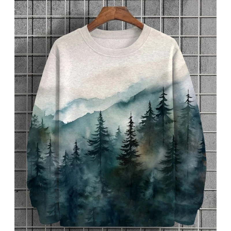 Autumn Fashion Sweatshirts Men Hoodie Pullover Landscape Printed T Shirt Oversized Long Sleeved Sweatshirt For Men Clothing Tops