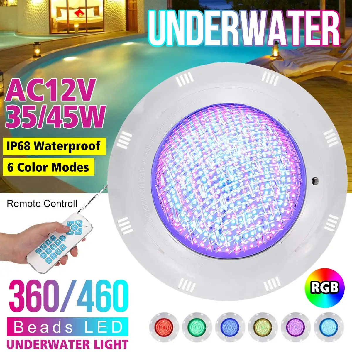 Luces LED subacuáticas para piscina, lámpara impermeable IP68 con control remoto, cambio de Color RGB, CA de 12V, 45W, para fiesta de boda